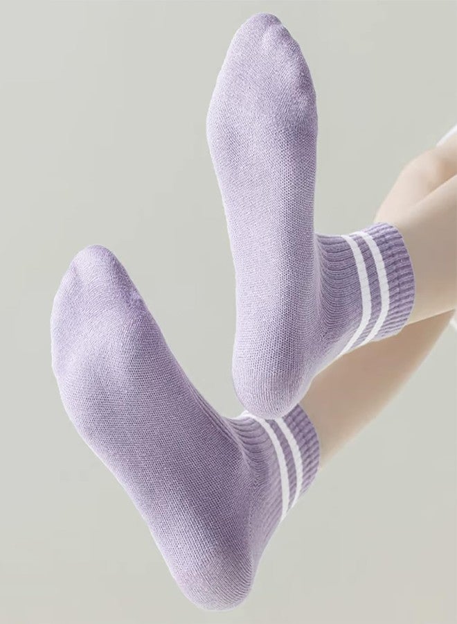 PLZSITDOWN Womens 3 Pairs Solid Color Two Stripe Crew Socks Casual Athletic Socks for Women Girls Blue/Beige/Purple - Image 5